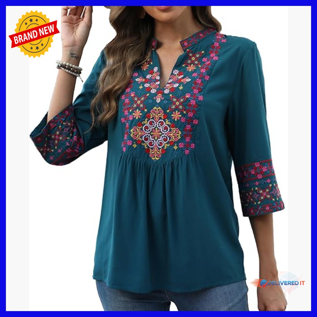 Rayon Bohemian Tunic Top 3/4 Sleeve V-Neck Loose Fit Embroidered